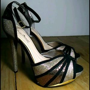 Shiny Black Gold and Silver 6" Heels 8.5